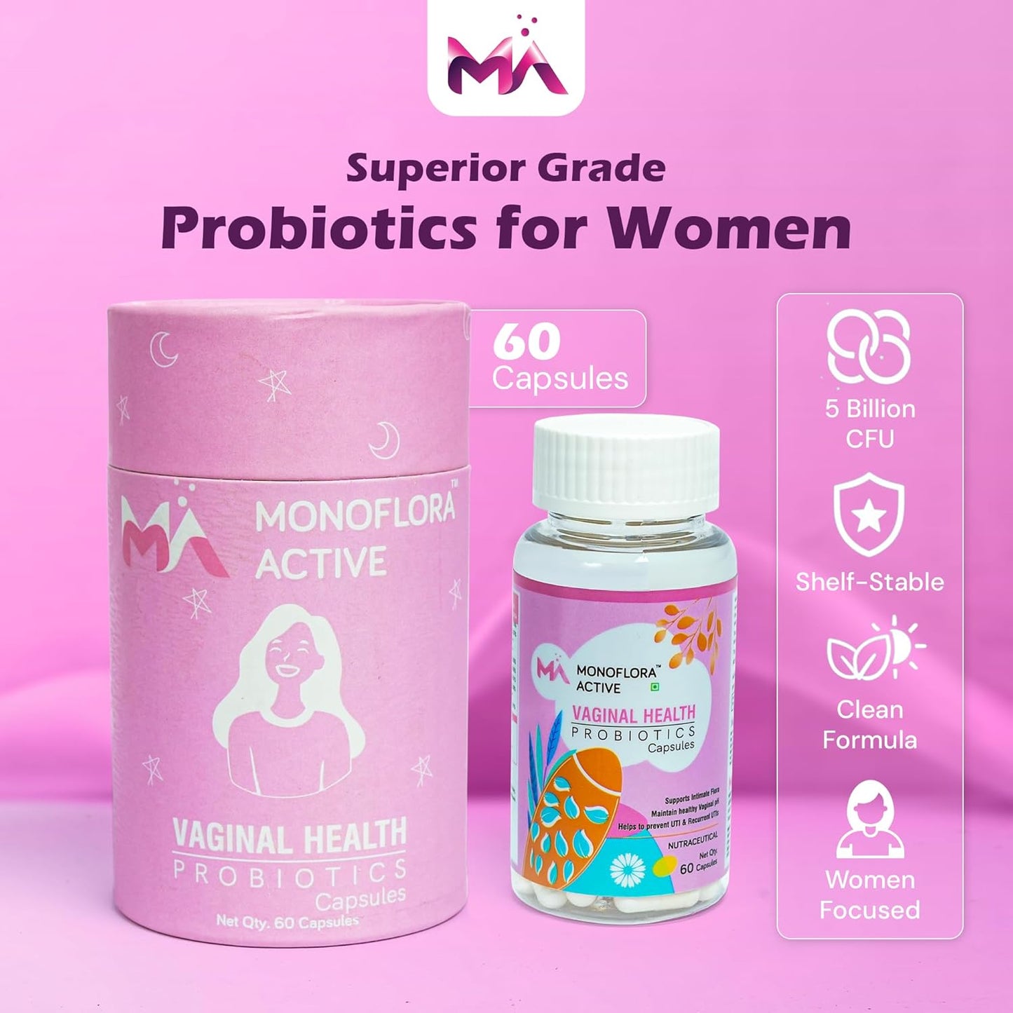 Probiotics for Women 5 Billion CFU Vaginal Probiotic Capsules with Lactobacillus & Prebiotics Supports Vaginal pH Balance, Healthy Flora, Odor Control, Digestive Urinary Tract Health