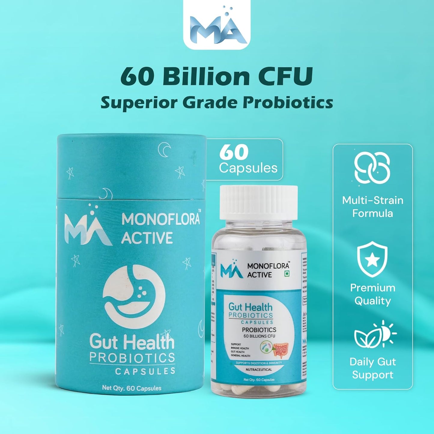 Probiotics 60 Billion CFU for Gut Health – Prebiotics & Probiotics Supplement for Men & Women Digestive Health, Gut Cleanse, Bloating, Gas, Acidity & Constipation Support 60 Capsules